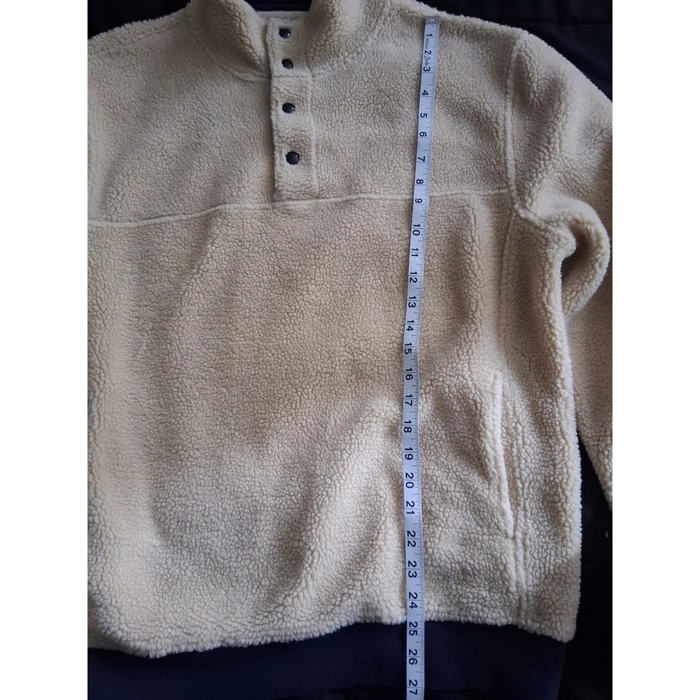 J.Crew Authentic Fleece Sherpa Pullover Cream Navy Blue Snap Mock Neck Mens L
